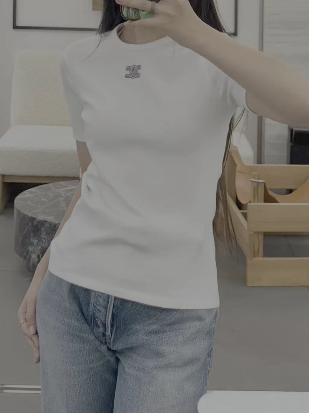 Celine Triomphe Logo Embroidered Black T-Shirt - 8