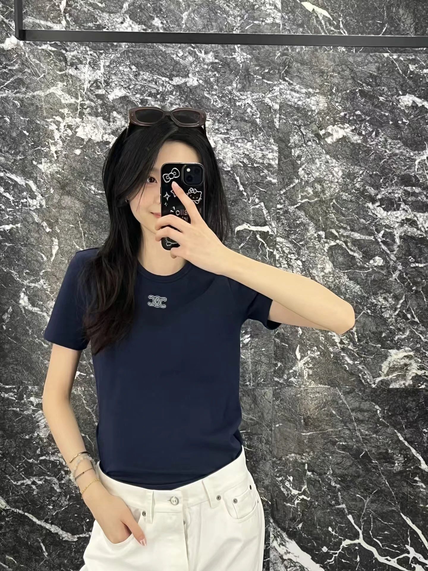 Celine Triomphe Logo Embroidered Black T-Shirt - 5