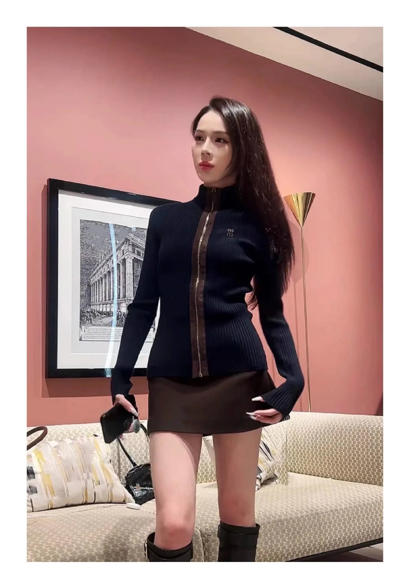 Balenciaga Zip-Front Ribbed Knit Top Navy with Gold Zip and Ruffled Skirt Set - 2