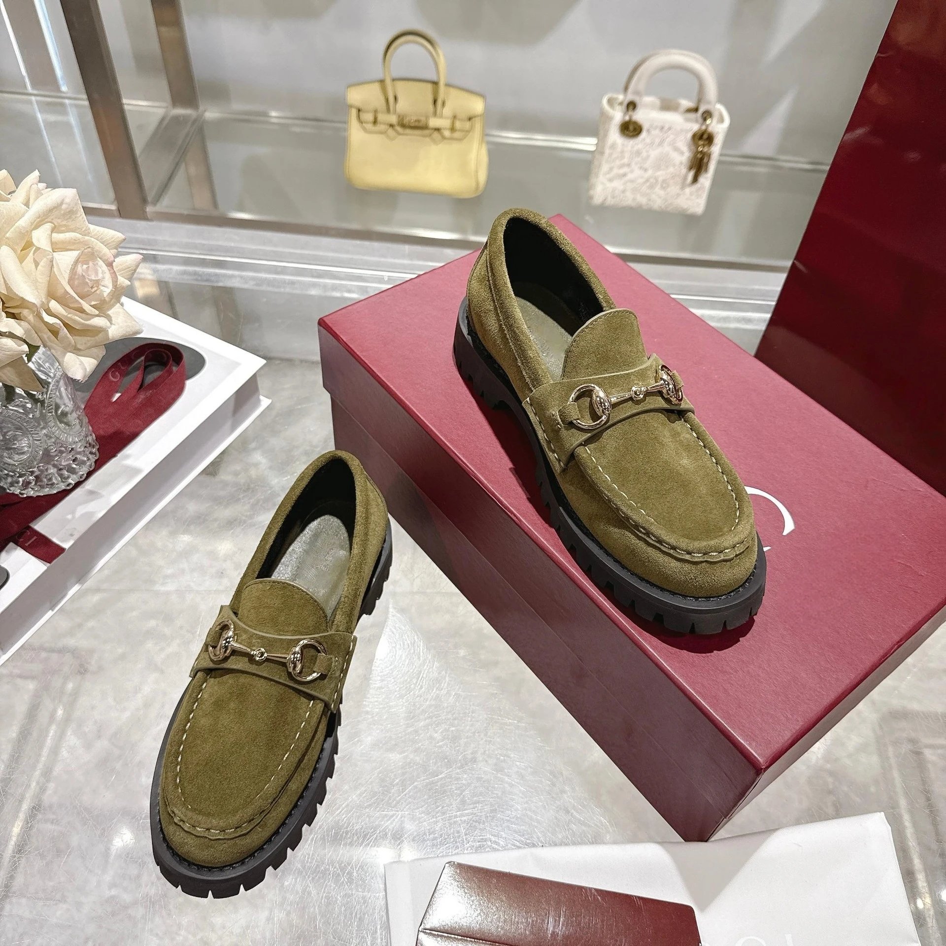 Gucci Horsebit Loafer Olive Green Suede Chunky Sole Loafers - 5