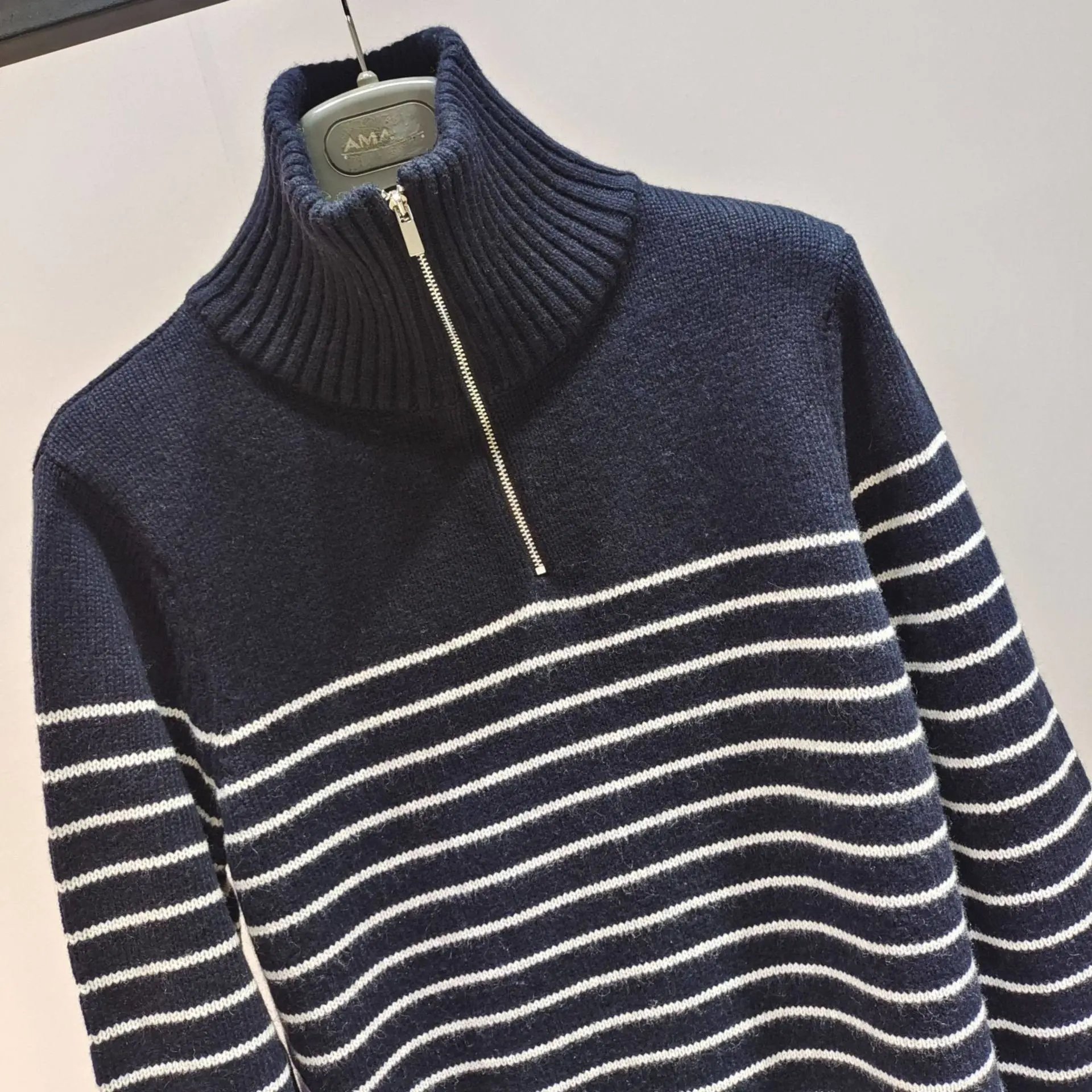 AMA Half-Zip Striped Knit Sweater Navy - 16