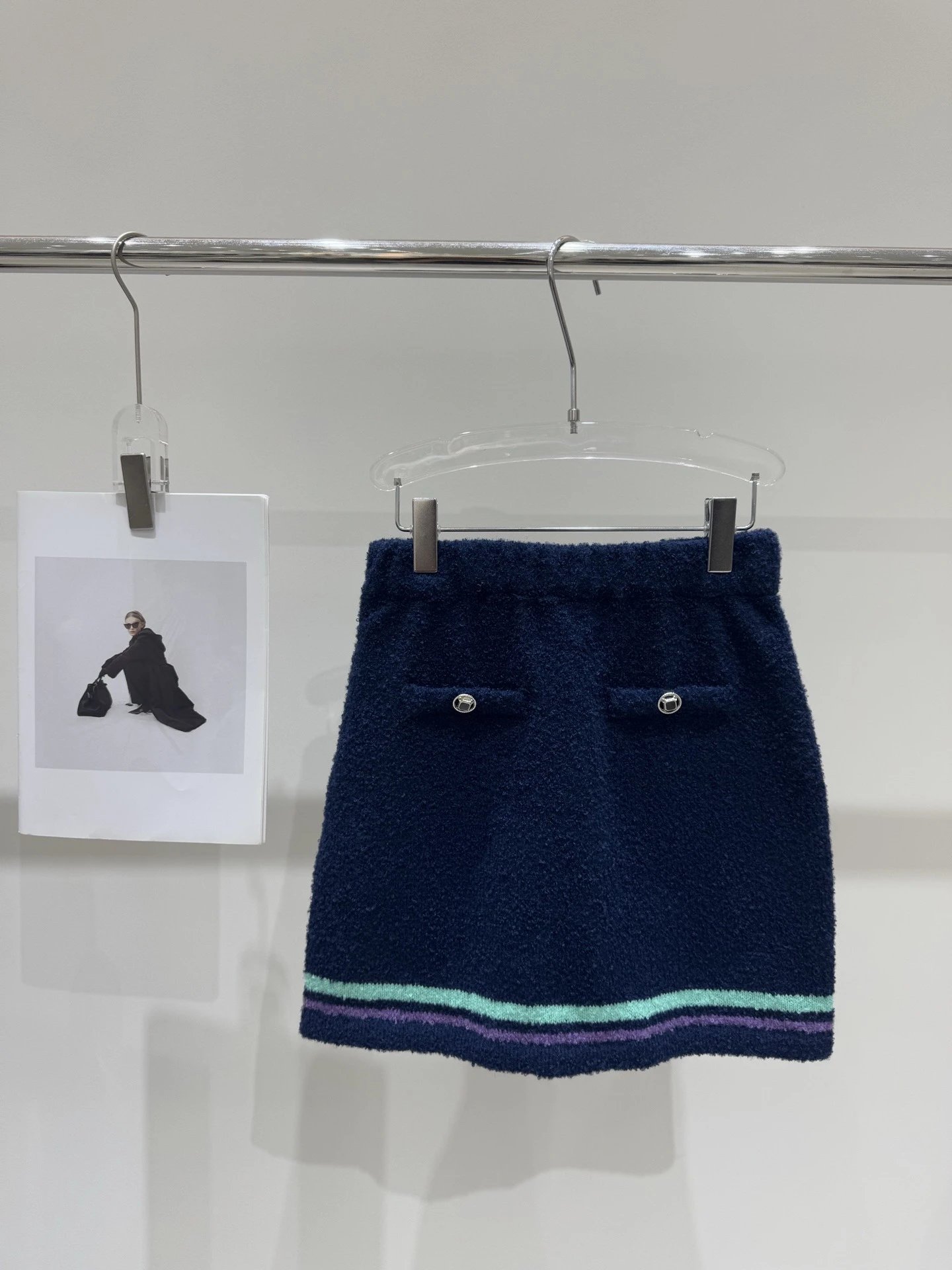 Off-White Tweed Mini Skirt with Black Stripes and Metal Buttons - 12