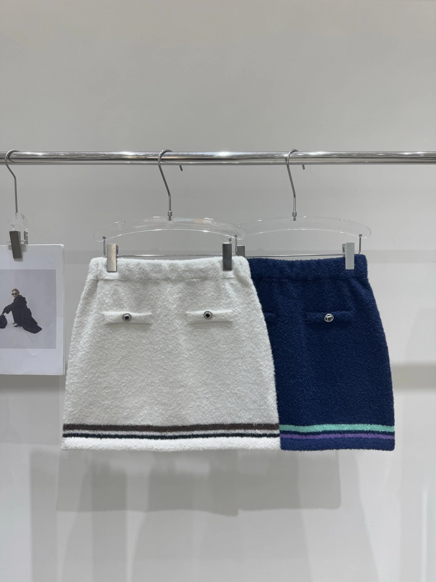 Off-White Tweed Mini Skirt with Black Stripes and Metal Buttons - 13
