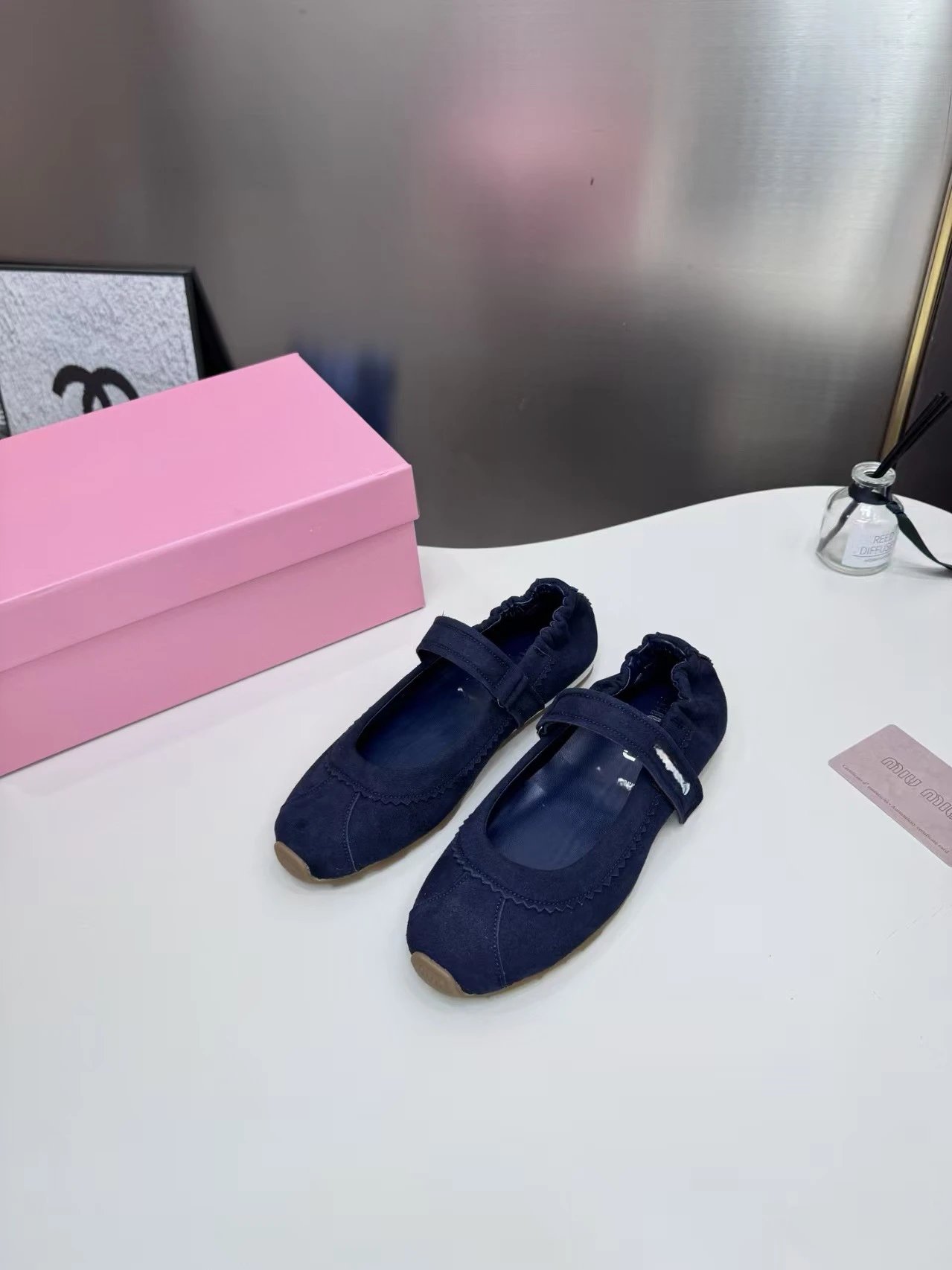 Miu Miu Mary Jane Suede Navy Flat Shoes - 4