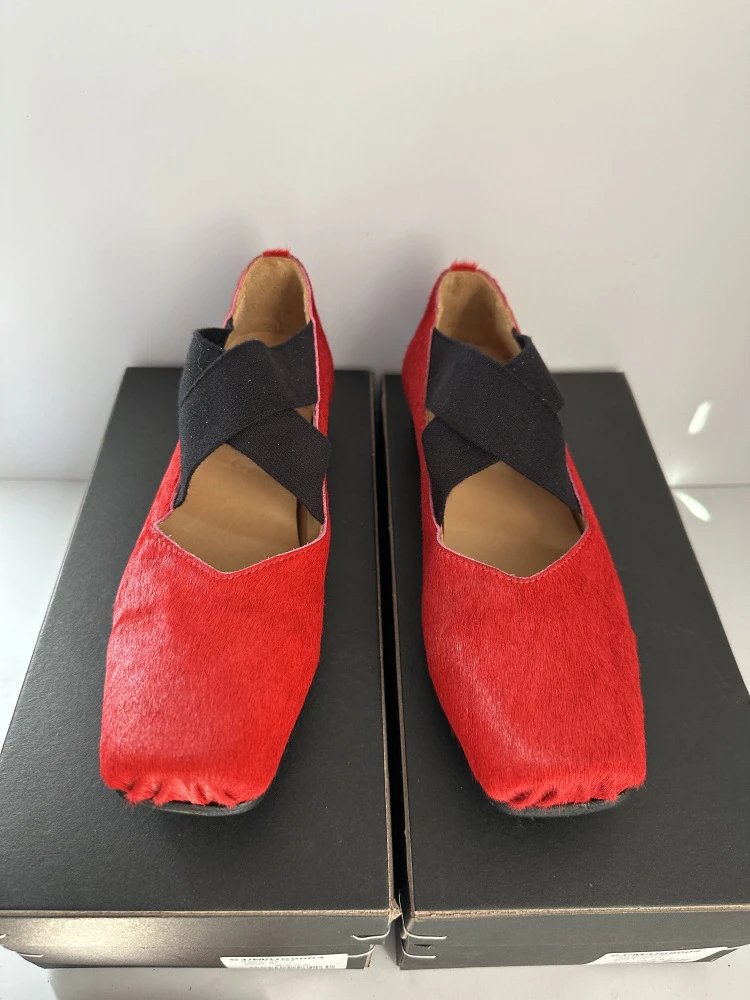 Design Mary Jane Flats Beige Suede with Black Strap Casual Shoes - 35