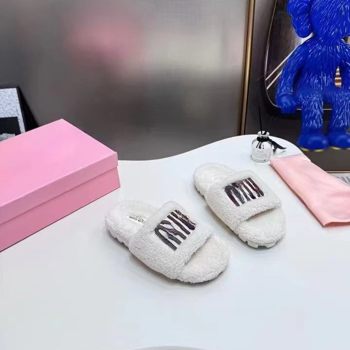 Miu Slippers Faux-fur open-toe slide with logo strap image 2
