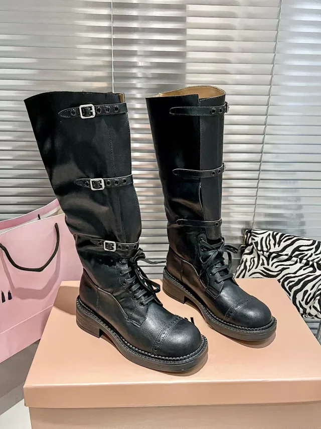 Miu Boots Knee-High Lace-Up Buckle product detail image 5