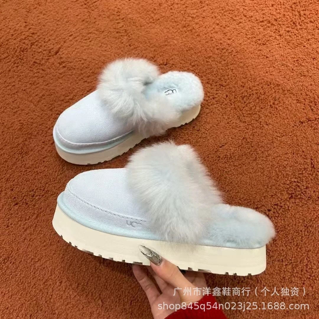 UGG Fluff Platform Slide Light Blue Faux Fur Slippers - 16