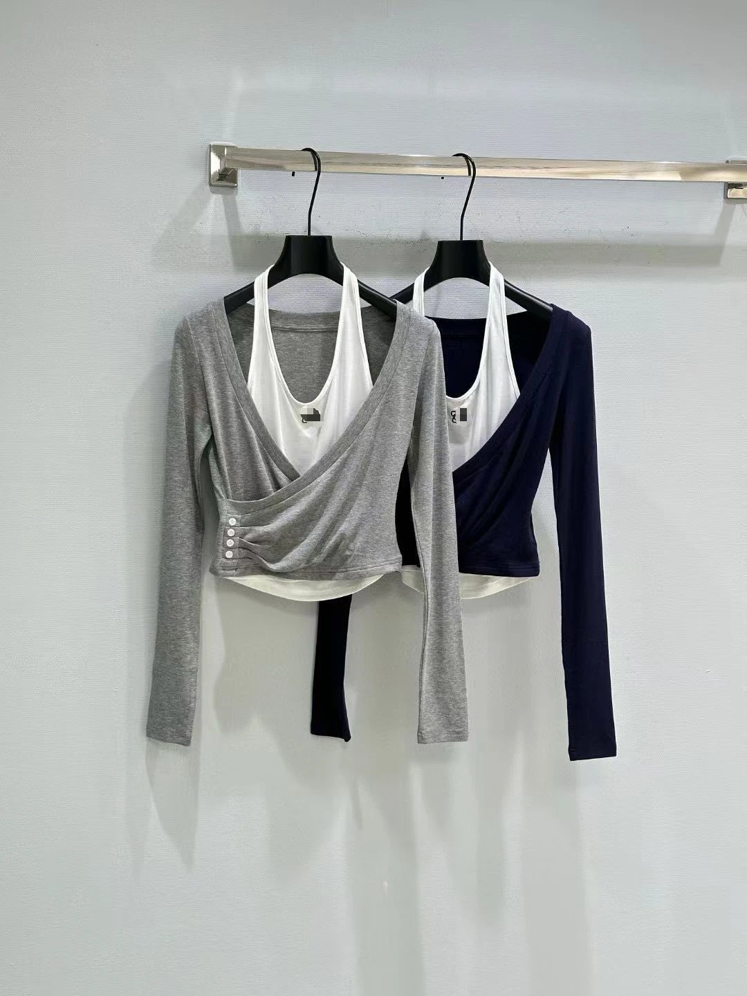 Off-White Wrap Crop Top in Gray with White Inner Layer and Logo Waistband - 3