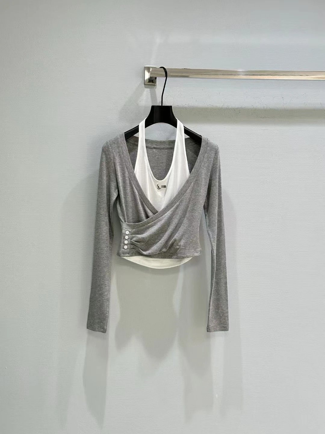 Off-White Wrap Crop Top in Gray with White Inner Layer and Logo Waistband - 4