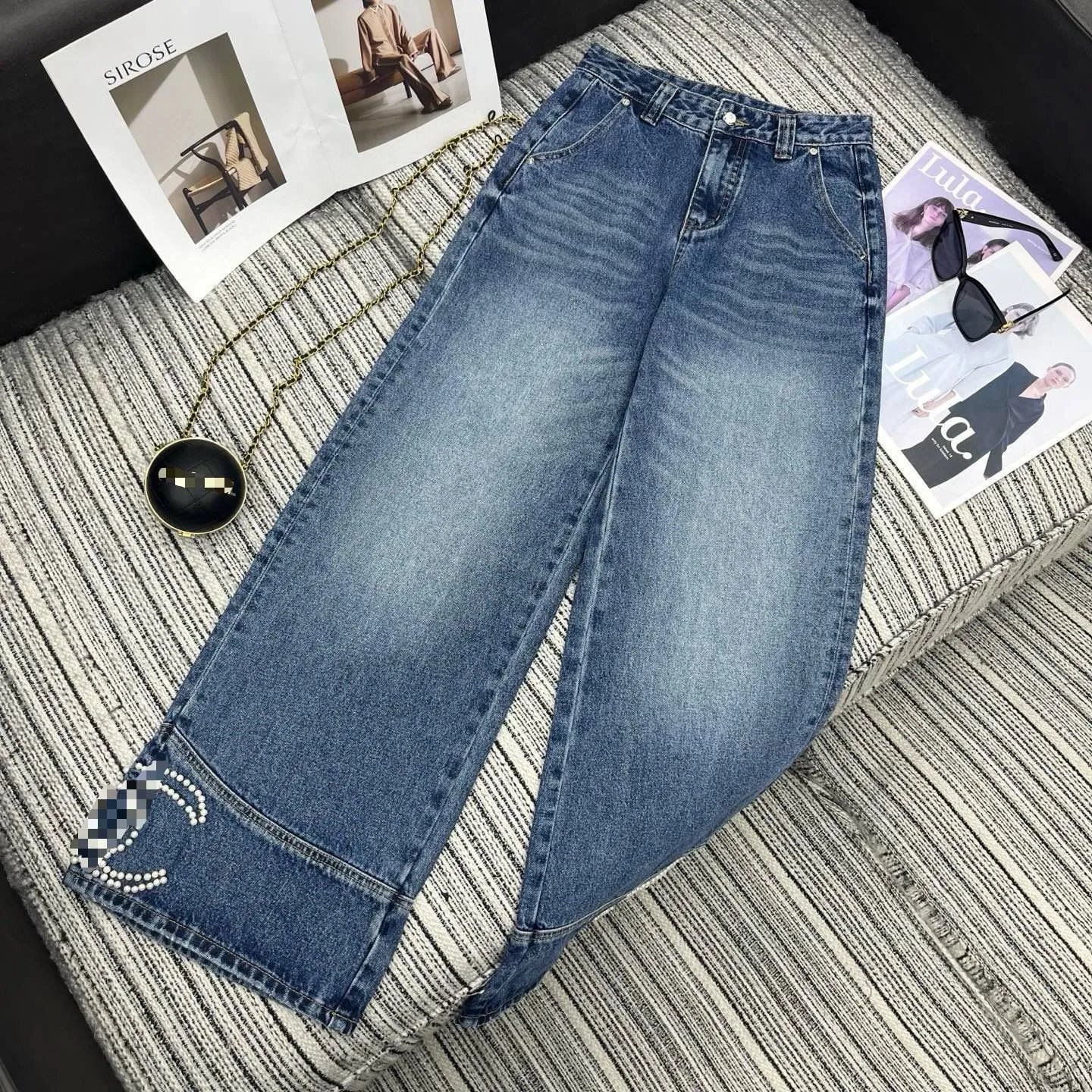 Dior Cruise 2024 Pearl-Embellished Wide-Leg Jeans Blue - 3