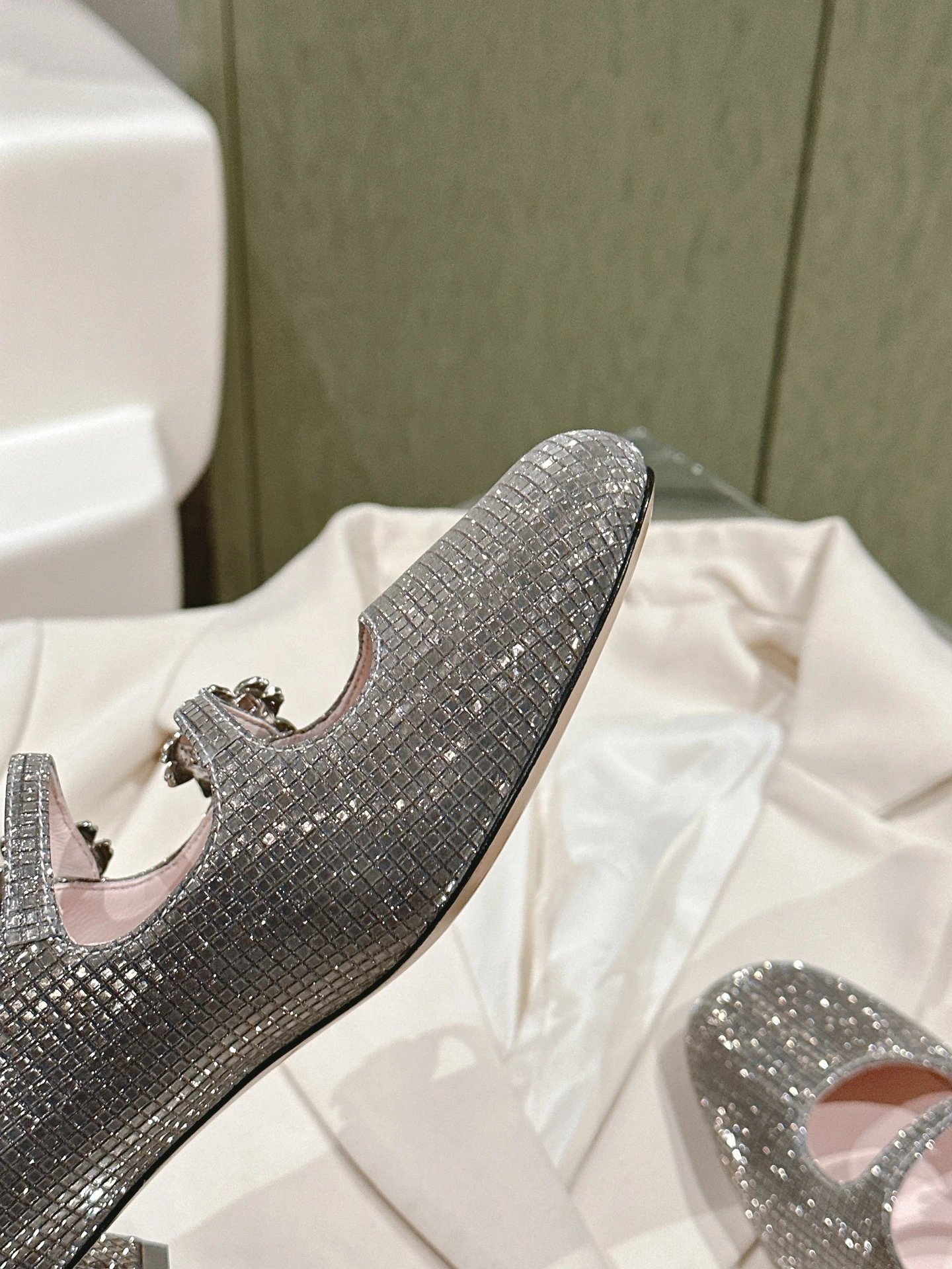 Chanel Mary Jane Heels Silver Glitter Crystal-Embellished Block Heels - 34