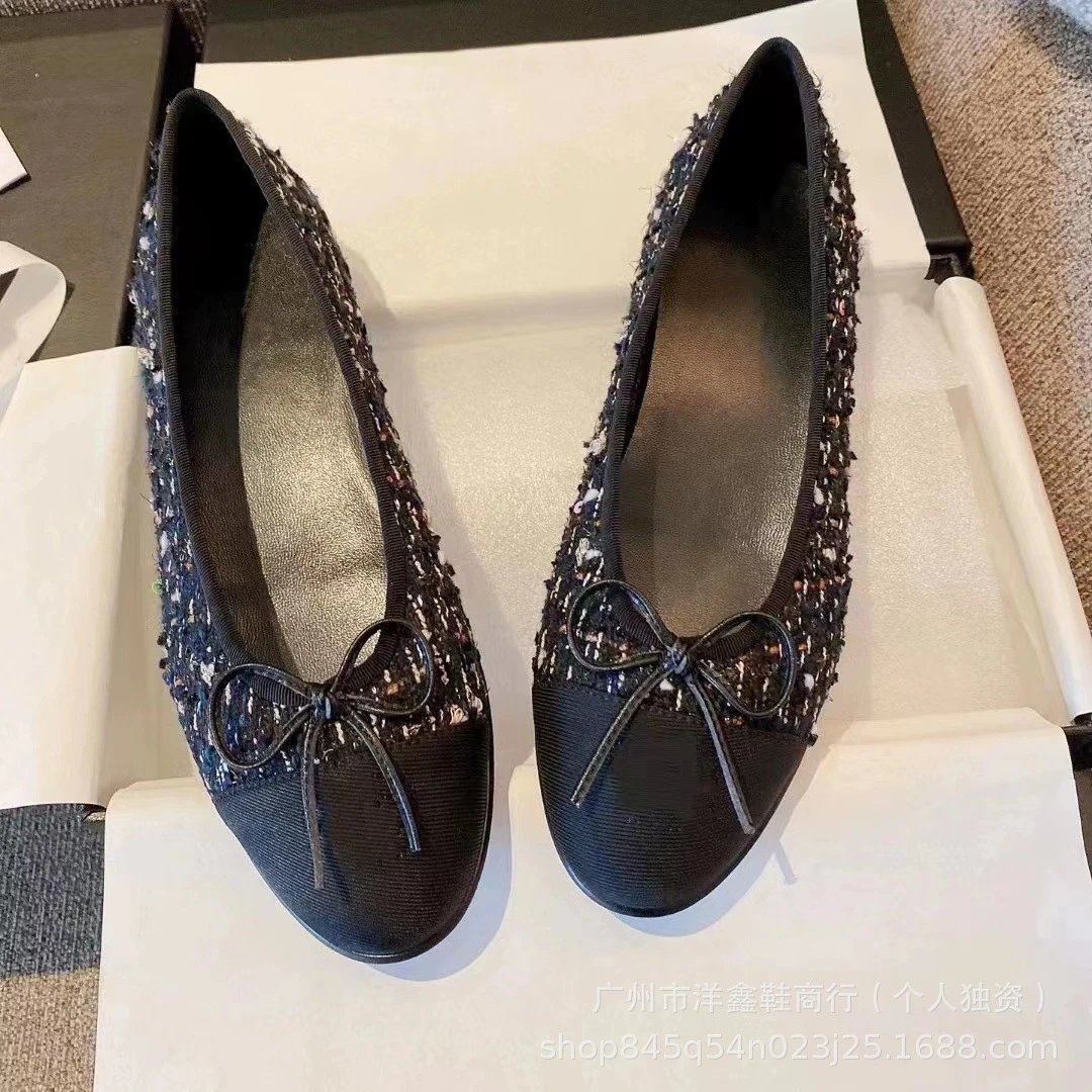 Chanel-Inspired Two-Tone Suede Ballet Flats with Bow Detail Beige and Black Shoes - 22