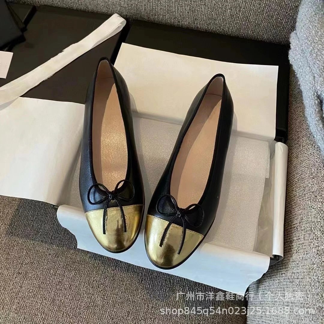 Chanel-Inspired Two-Tone Suede Ballet Flats with Bow Detail Beige and Black Shoes - 9