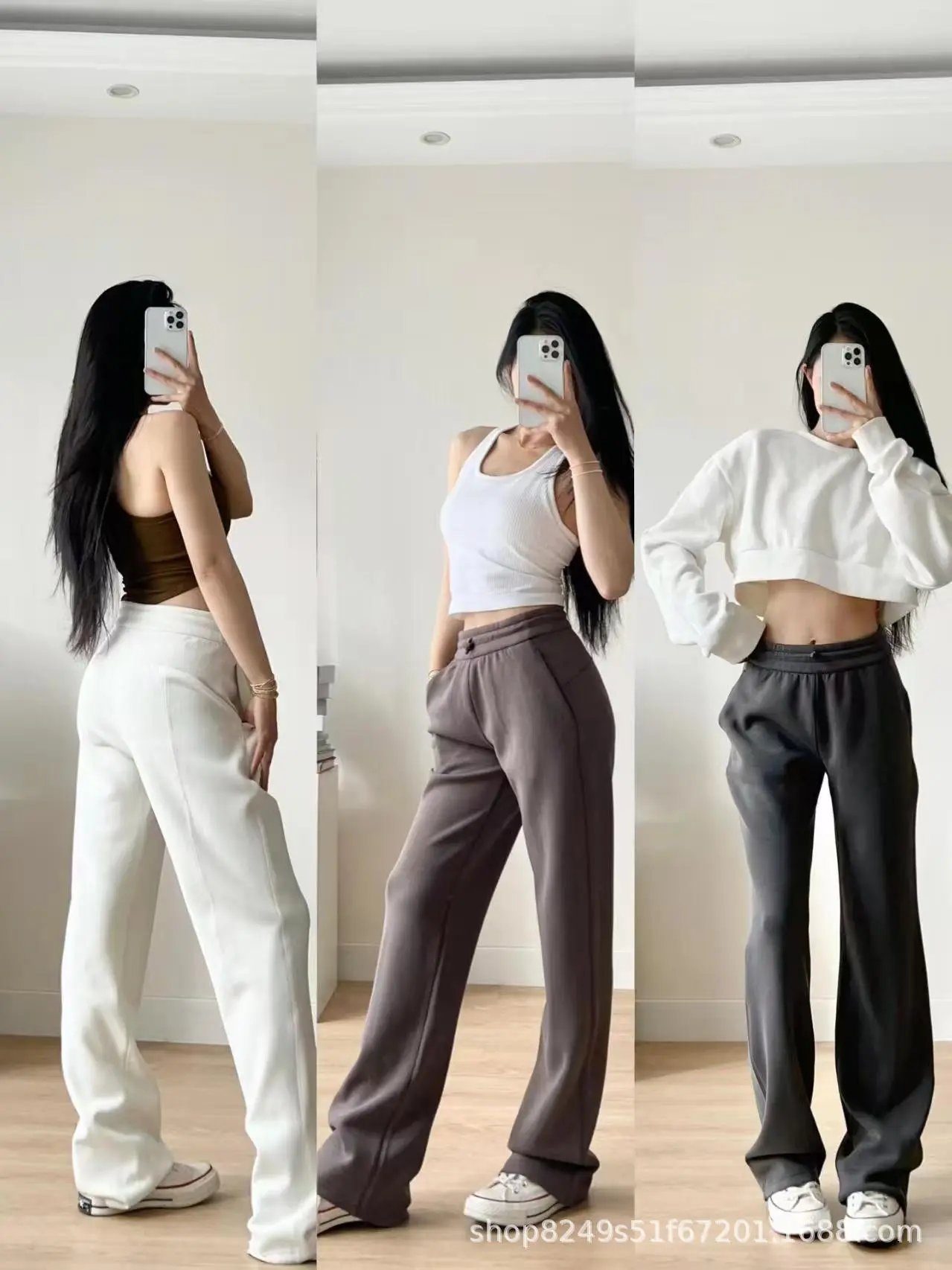 Design Wide-Leg Elastic Waist Pants Beige - 3