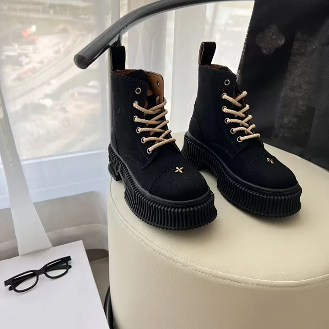 Unbranded Boots Mid-Calf Lace-Up Platform with Ribbed Soles and Cross Embellishment product detail image 2