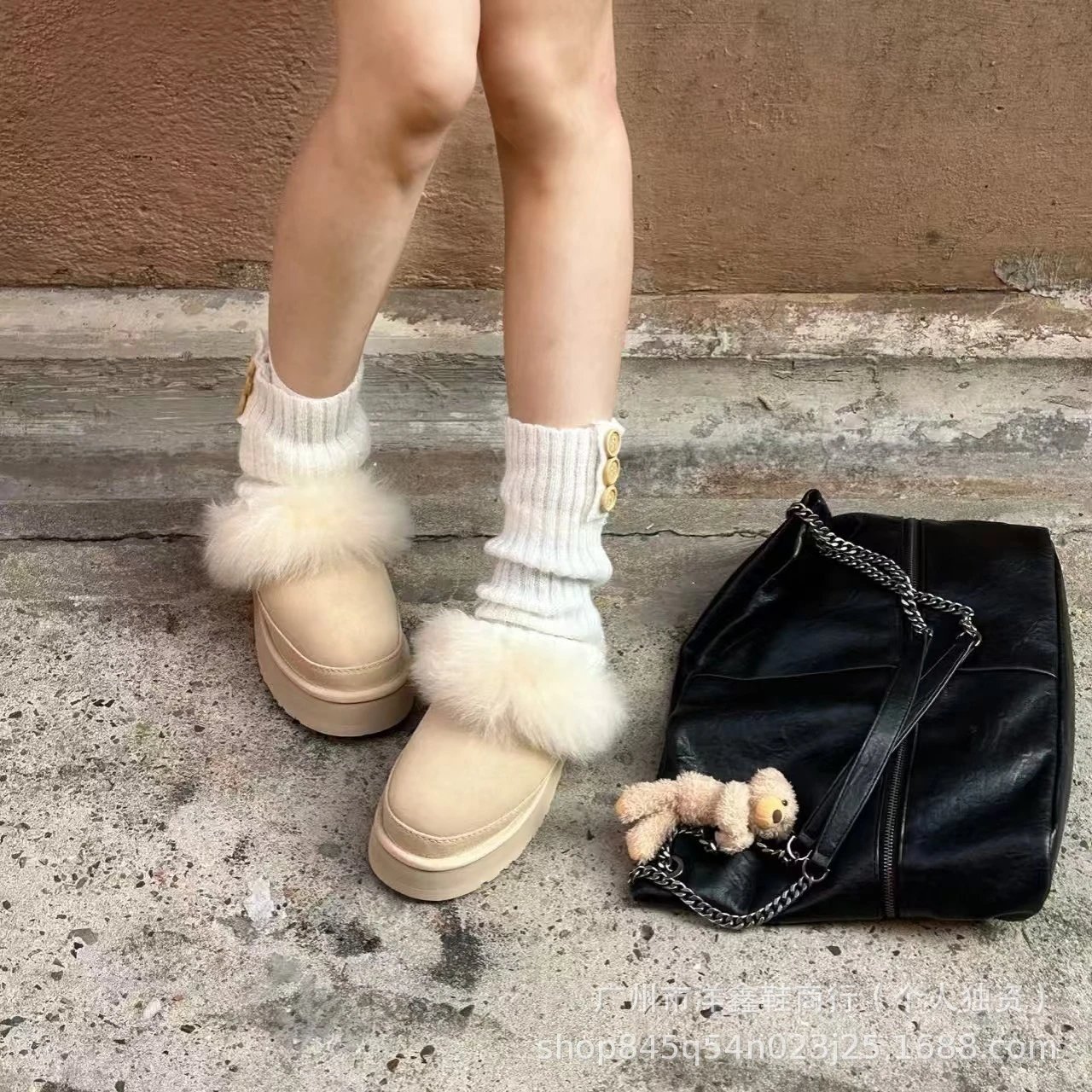 UGG Fluff Platform Slide Light Blue Faux Fur Slippers - 4