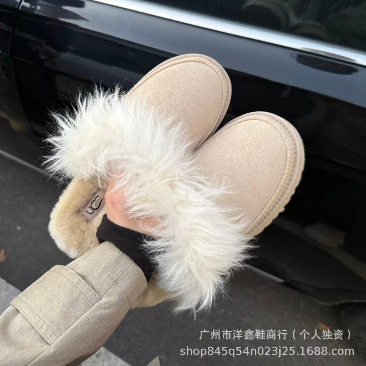 UGG Fluff Platform Slide Light Blue Faux Fur Slippers - 10