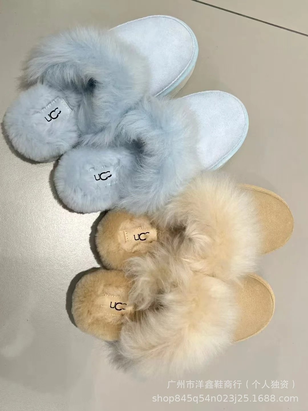 UGG Fluff Platform Slide Light Blue Faux Fur Slippers - 13