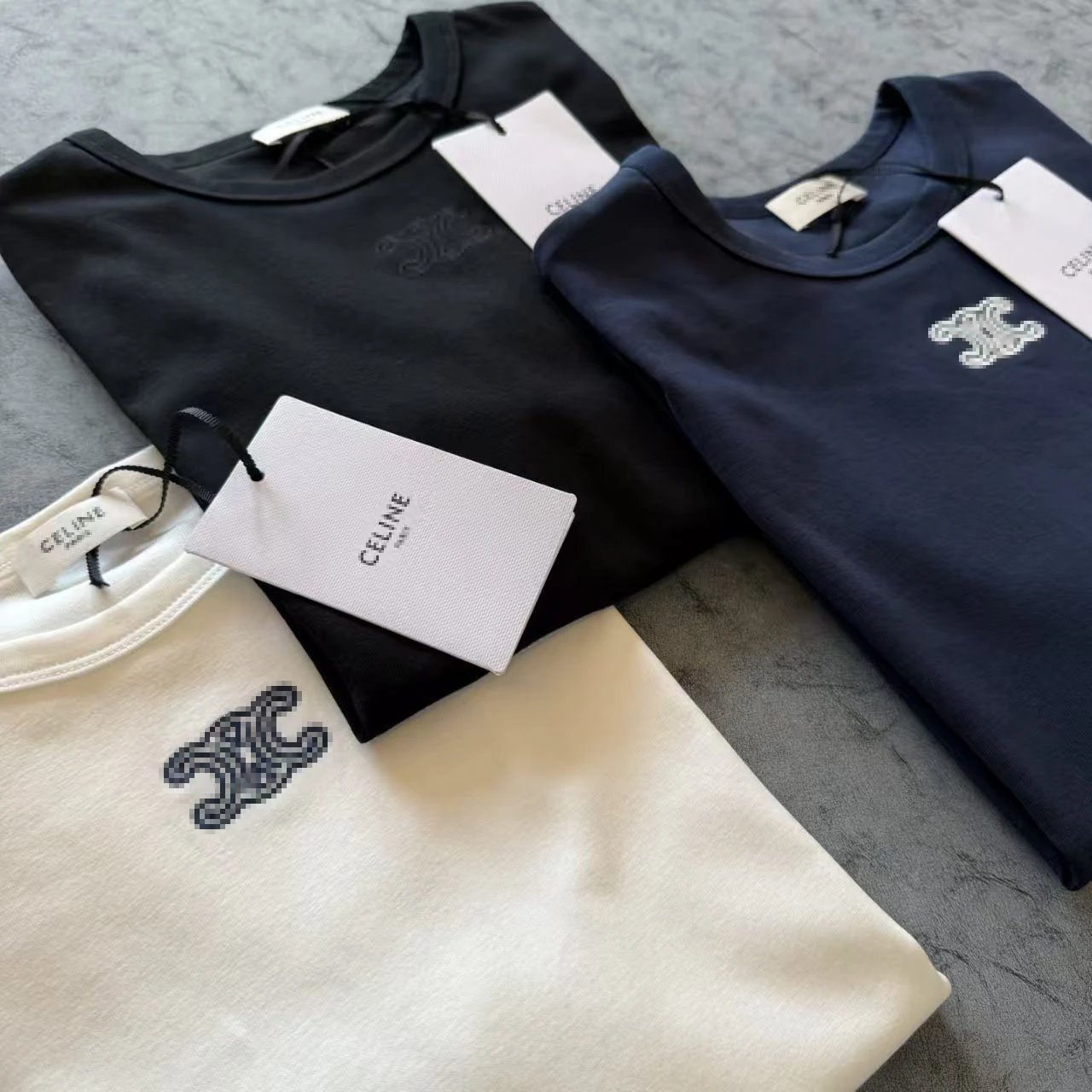Celine Triomphe Logo Embroidered Black T-Shirt - 15
