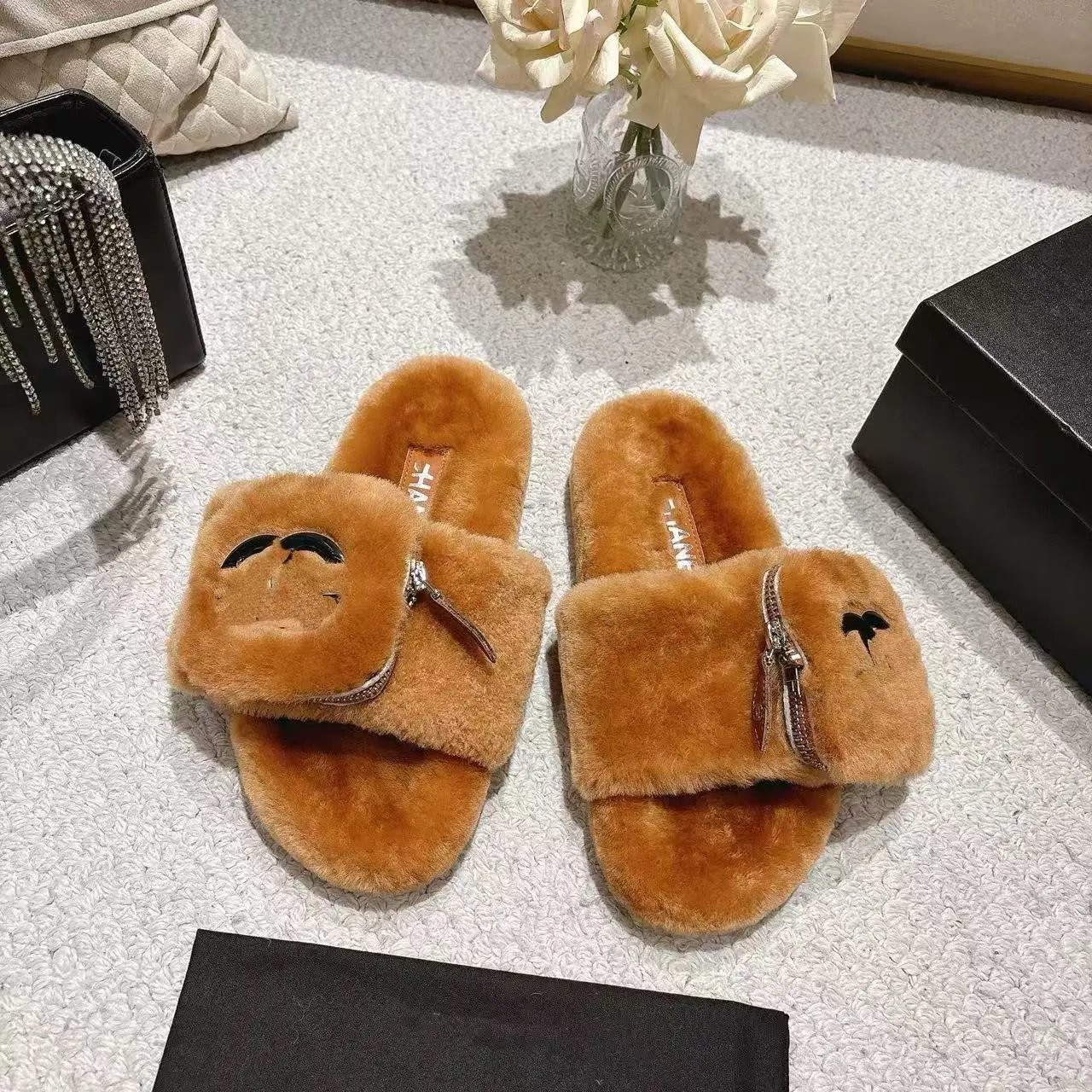 Chanel Slippers Faux-fur open-toe slide with zippered strap and Double C logo image 3