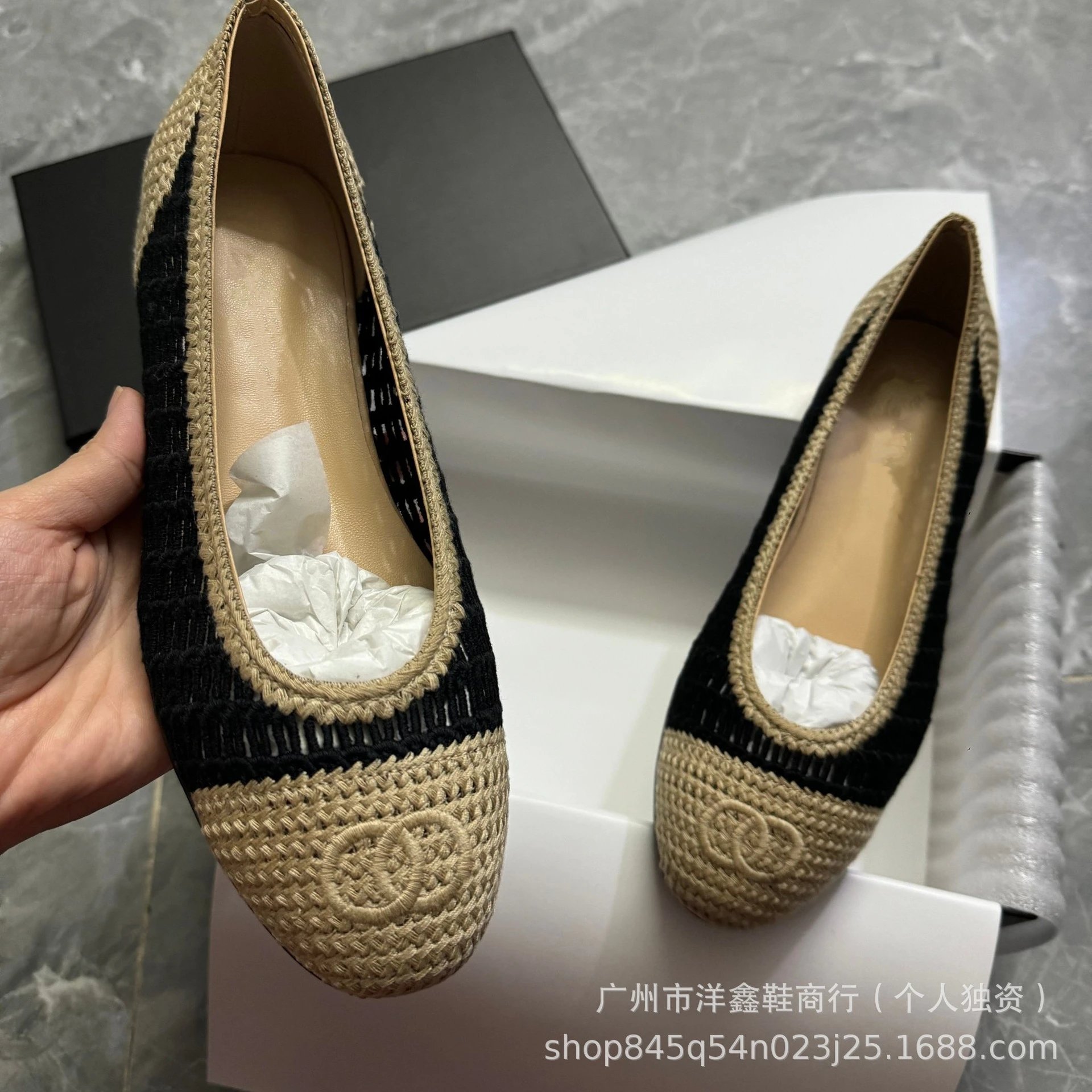 Unbranded Leather Shoes Cap-Toe Bow Ballet Flats — Black weave