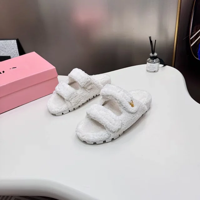 Miu Slippers Faux-Fur Double-Strap Slide product detail image 1