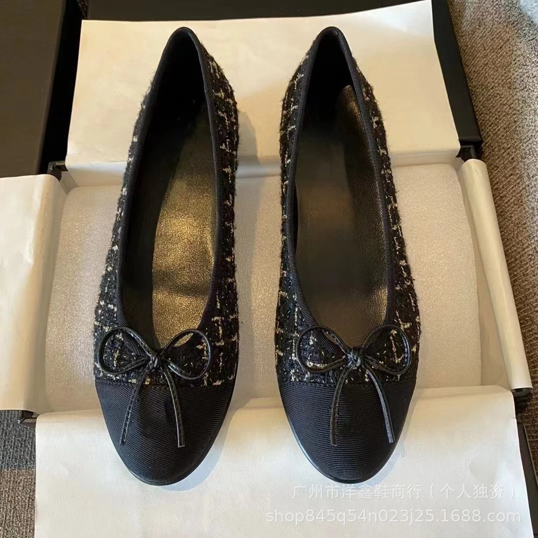 Chanel-Inspired Two-Tone Suede Ballet Flats with Bow Detail Beige and Black Shoes - 19