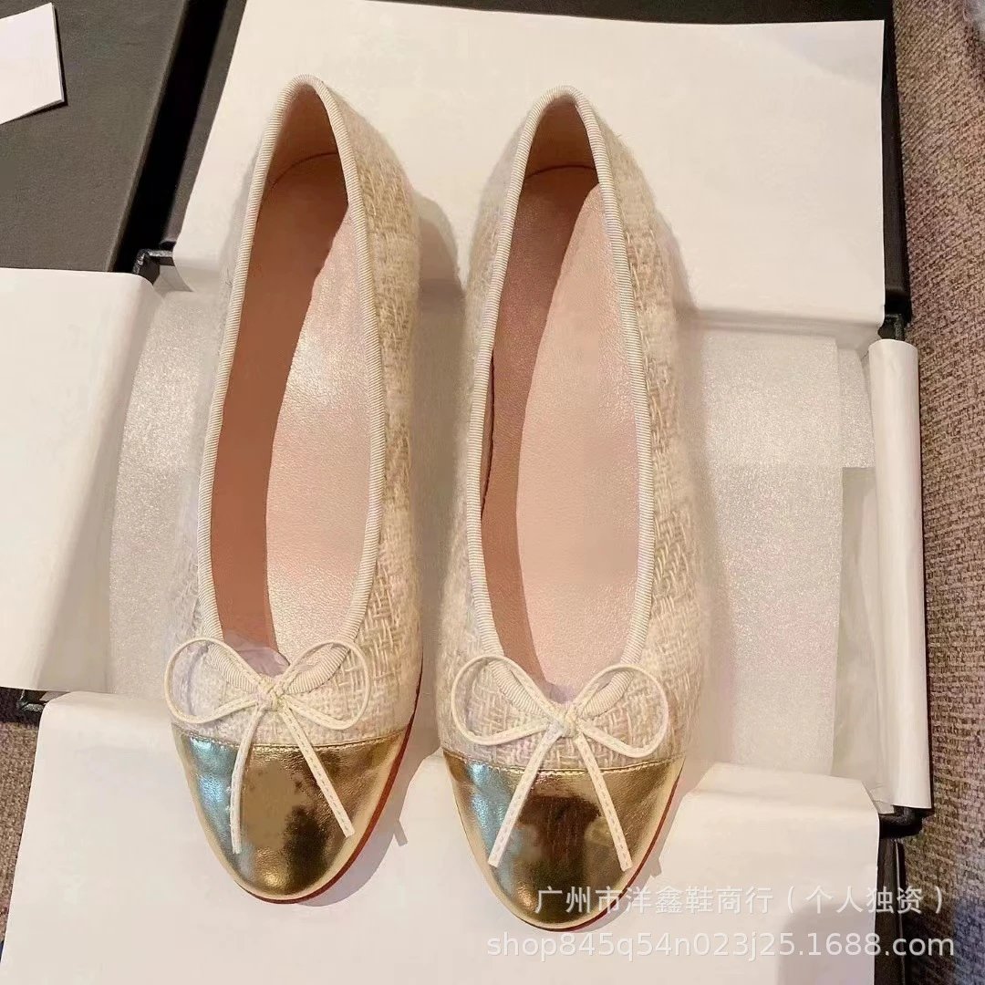 Chanel-Inspired Two-Tone Suede Ballet Flats with Bow Detail Beige and Black Shoes - 21
