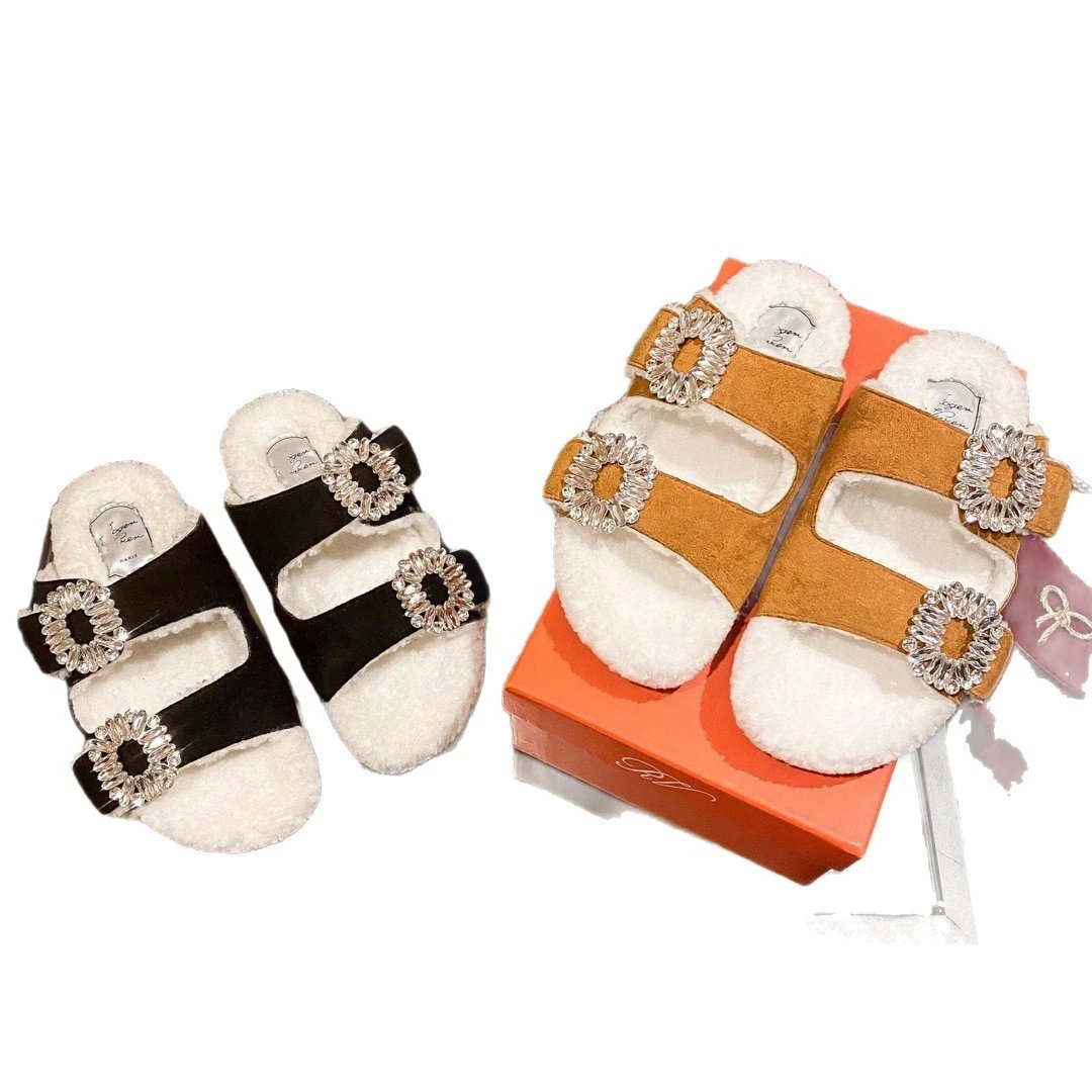 Roger Vivier Slippers Fur-Lined Double-Strap Crystal-Buckle Slides image 5