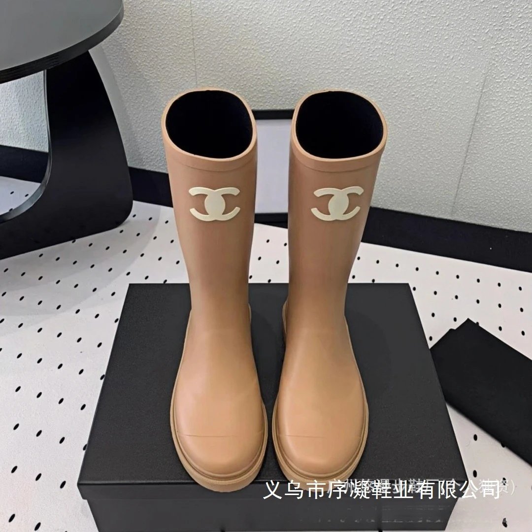 Chanel Rain Boots Black with White CC Logo - 4