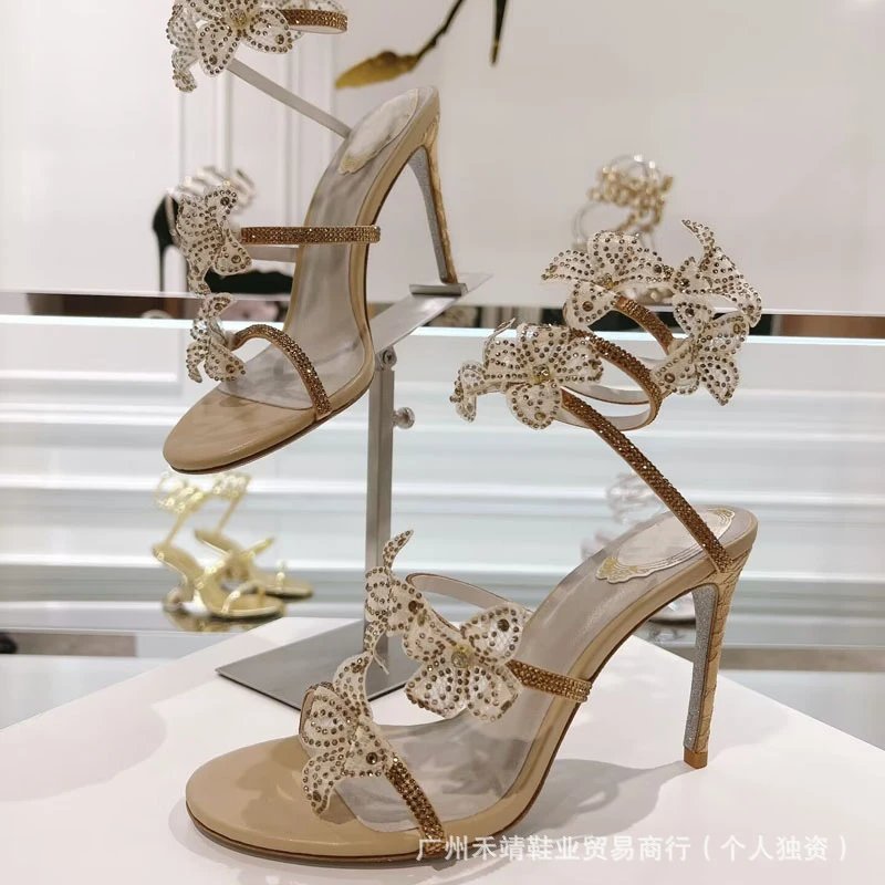 Custom Embellished Floral High-Heel Sandals in Mint Green with Crystal and Mesh Flowers - 7