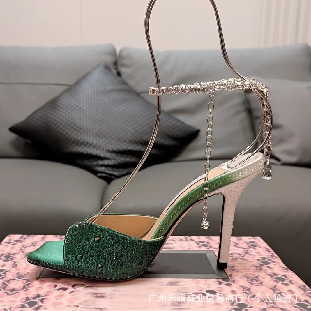 Design Pink Lace-Embellished Crystal Strap Block Heel Sandals - 5