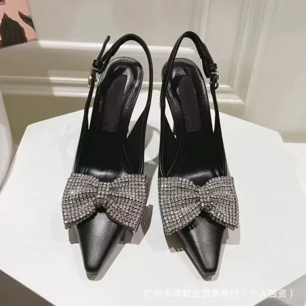 Design Crystal Bow Slingback Pointed-Toe Heels Black - 1