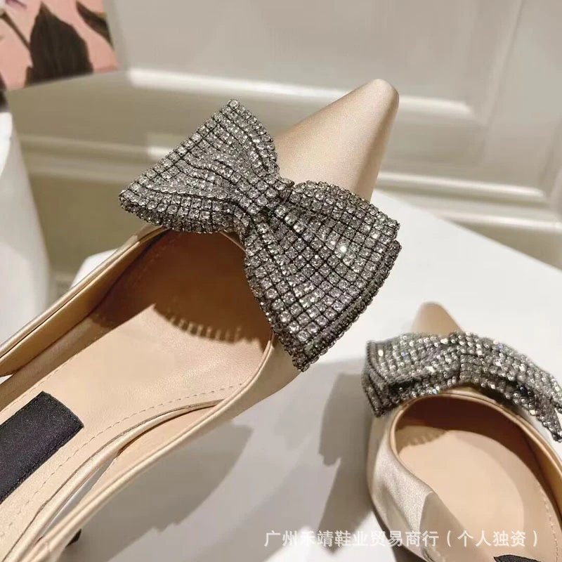 Design Crystal Bow Slingback Stiletto Heels Beige - 5