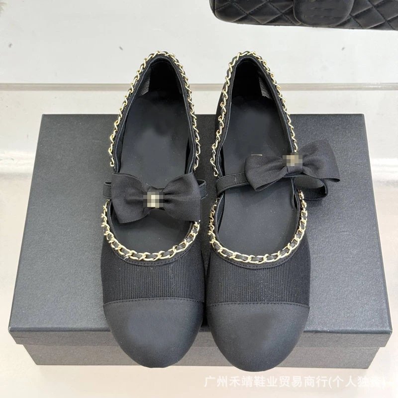 Chanel-inspired Bow Chain Mary Jane Flats Black Shoes - 7
