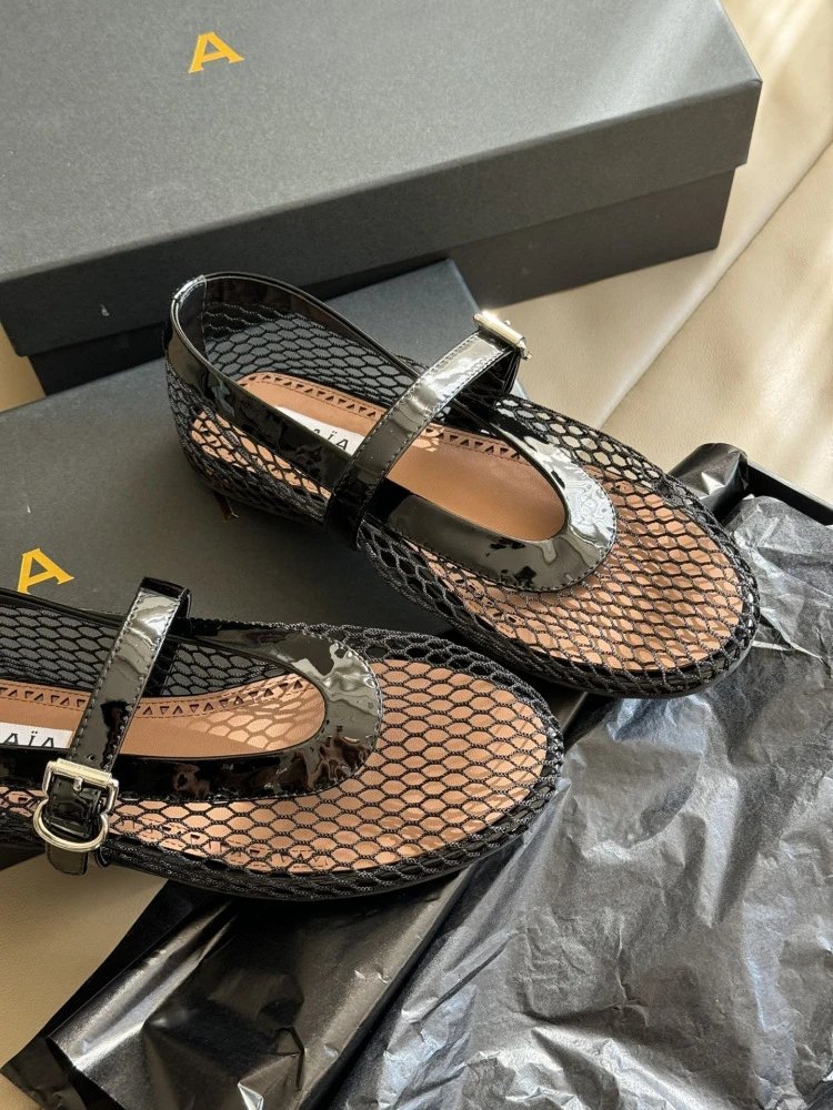 WOMANBY A VOYVES Mesh Mary Jane Flat Black Shoes - 15