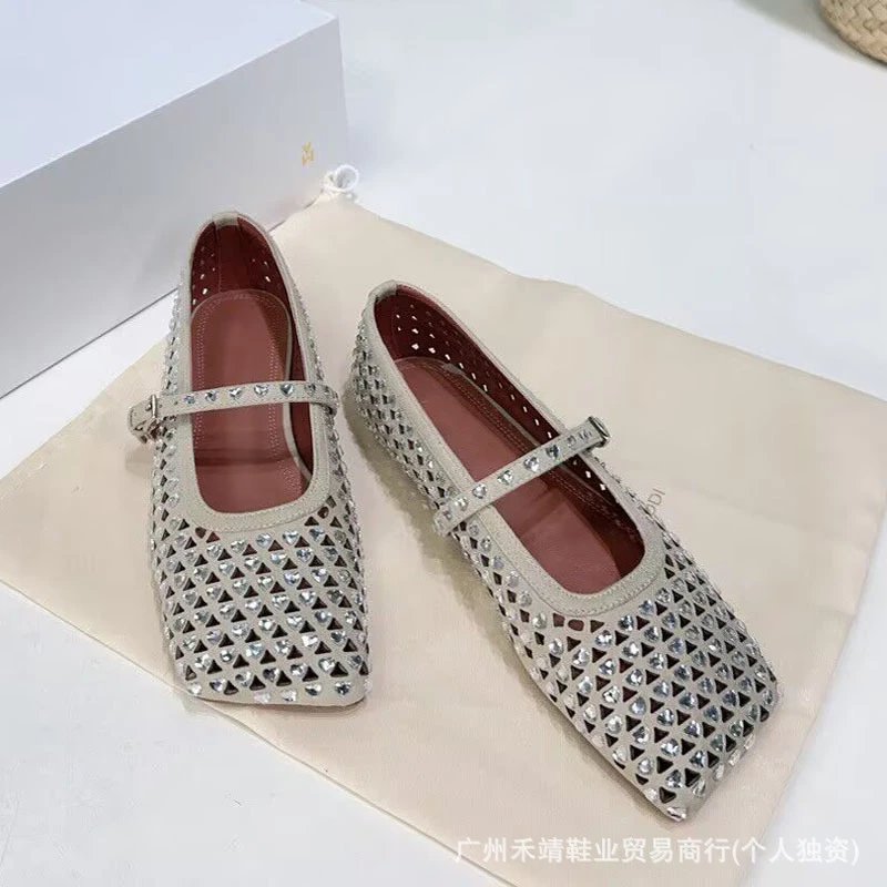 Design Crystal-Embellished Perforated Mary Jane Flats Beige Shoes - 6