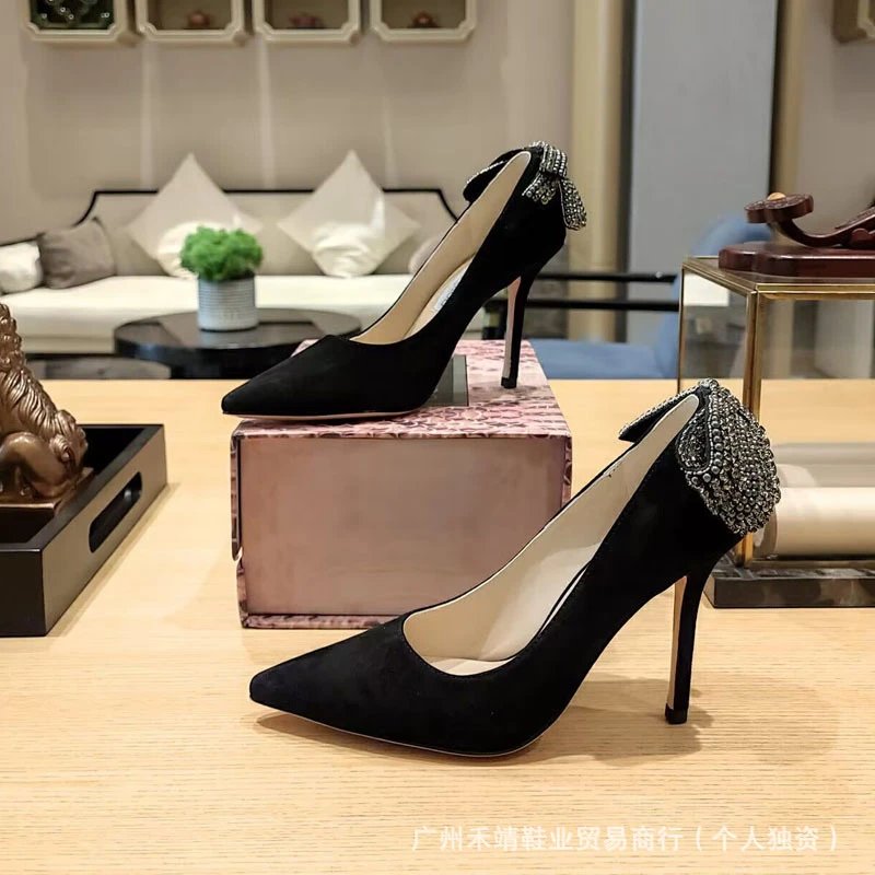Black Suede Pointed-Toe Pumps with Embellished Bow Heels - 6