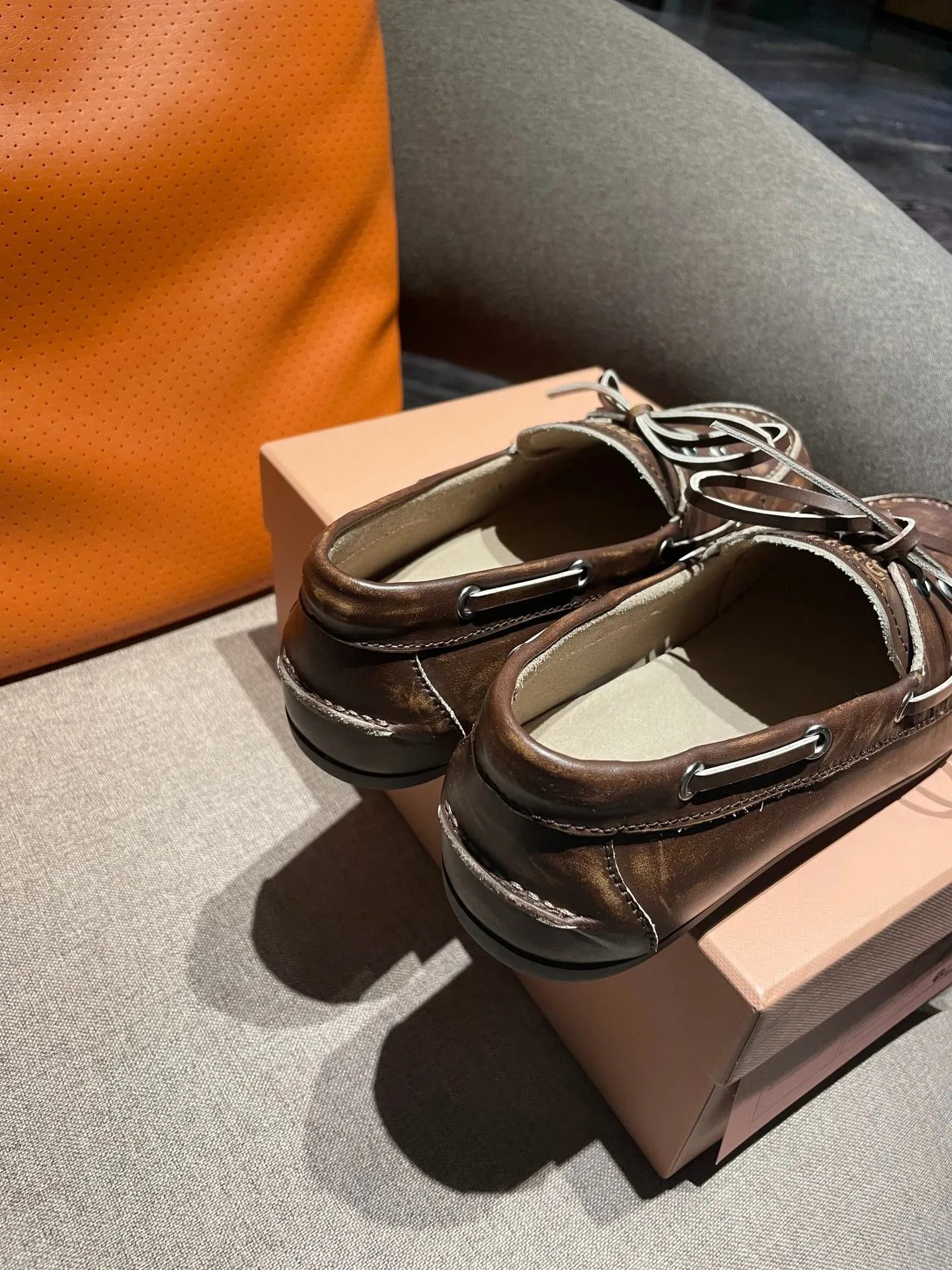 Hermès Moccasin Boat Shoes Distressed Brown Leather - 14