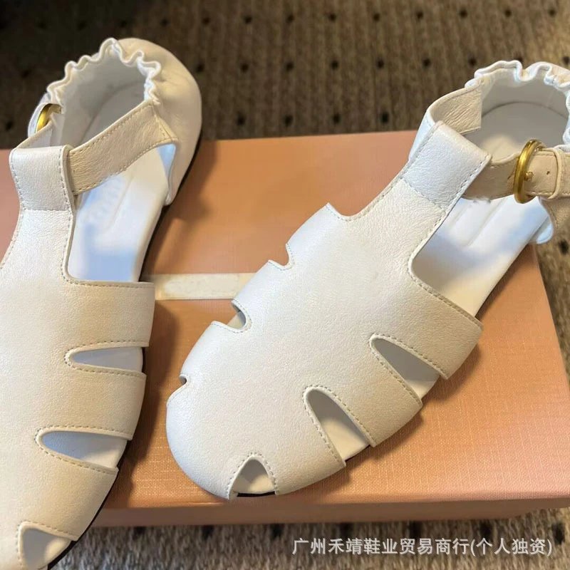 White Ruffled Strap Cut-Out Sandals - 6