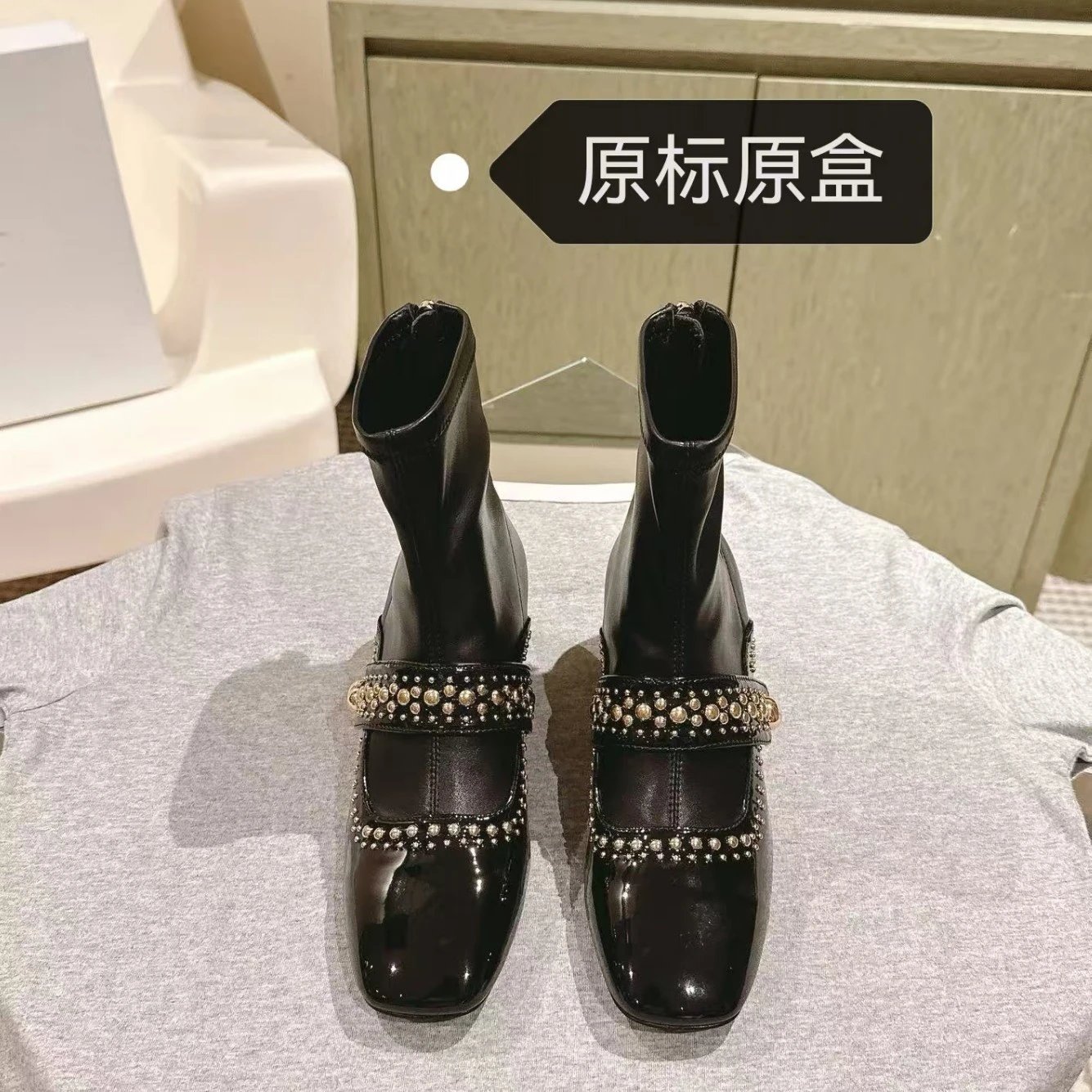 Unbranded Boots Square-Toe Studded Strap Block-Heel Ankle image 1