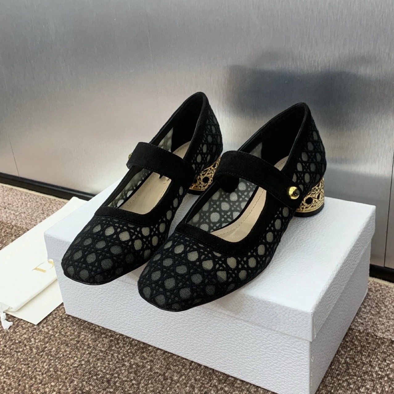 Dior J'Adior Mary Jane Heels Black Laser-Cut Mesh with Gold Cage Heel - 6