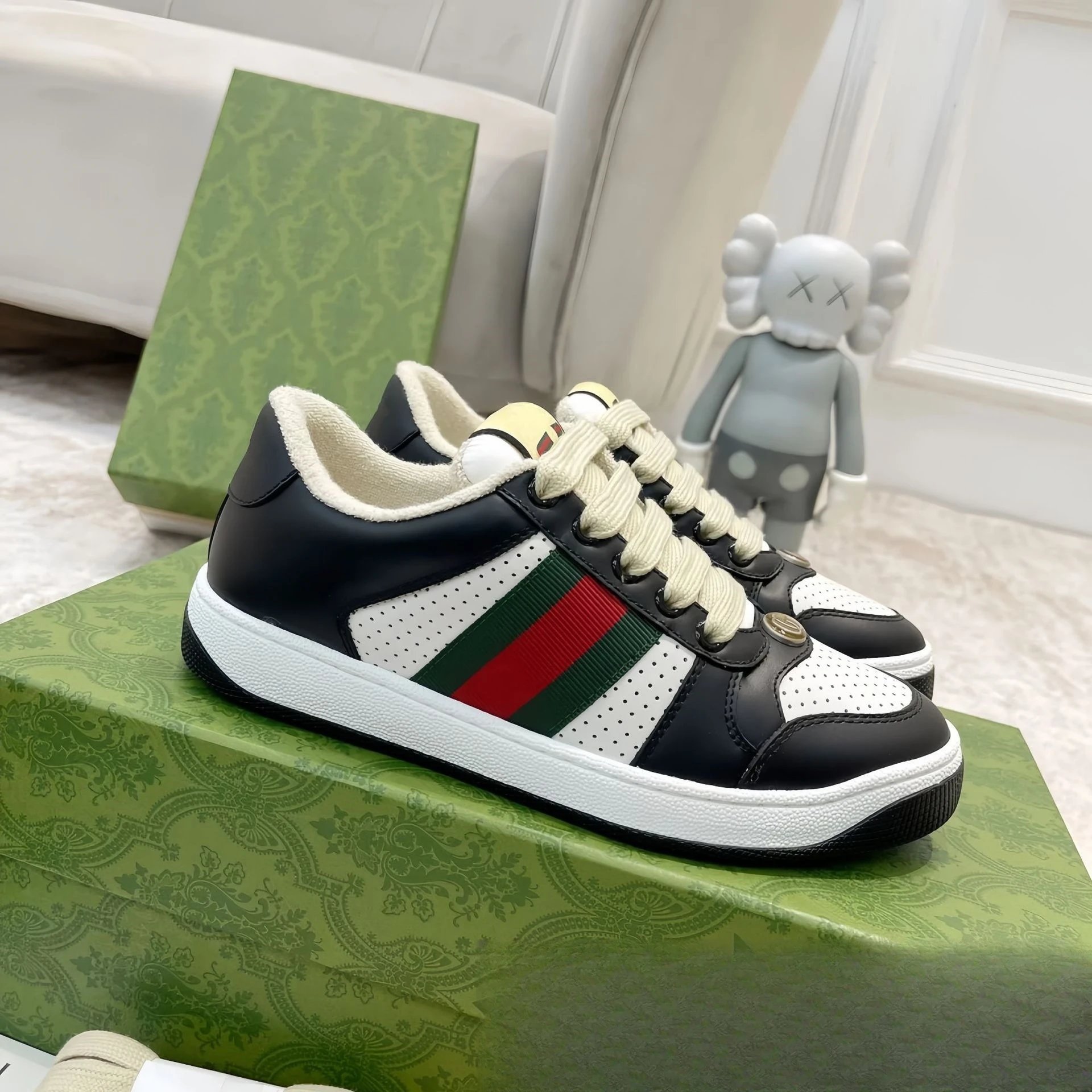 Gucci Ace Sneakers Black with Web Stripe and GG Monogram - 22