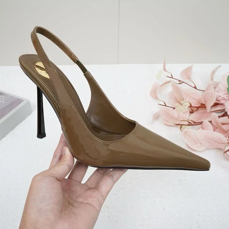 Patent Leather Pointed-Toe Slingback Stilettos in Taupe Heels