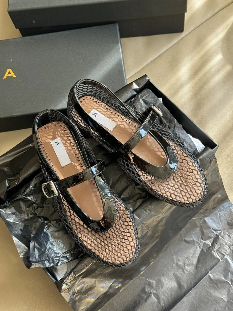 WOMANBY A VOYVES Mesh Mary Jane Flat Black Shoes - 11