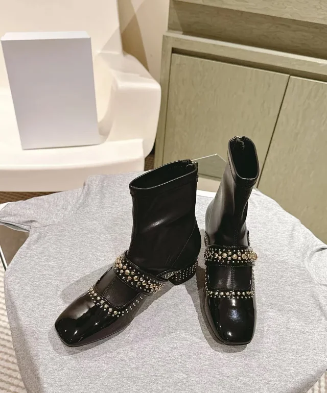 Unbranded Boots Square-Toe Studded Strap Block-Heel Ankle product detail image 5