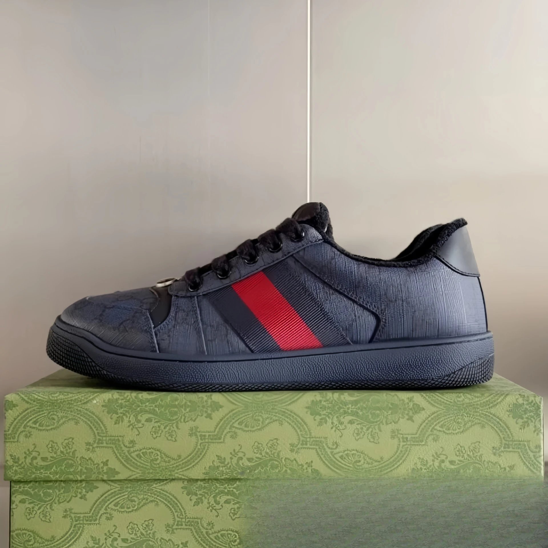 Gucci Ace Sneakers Black with Web Stripe and GG Monogram - 34