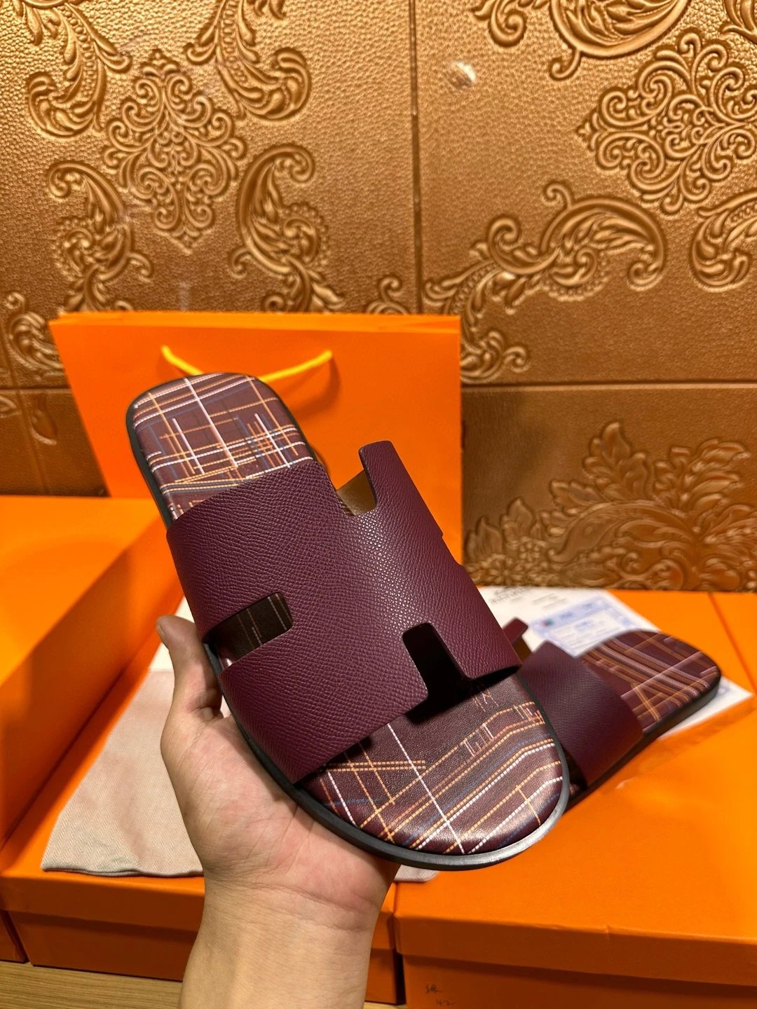 Hermès Oran Slide Navy Python-Embossed Plaid Slipper - 2