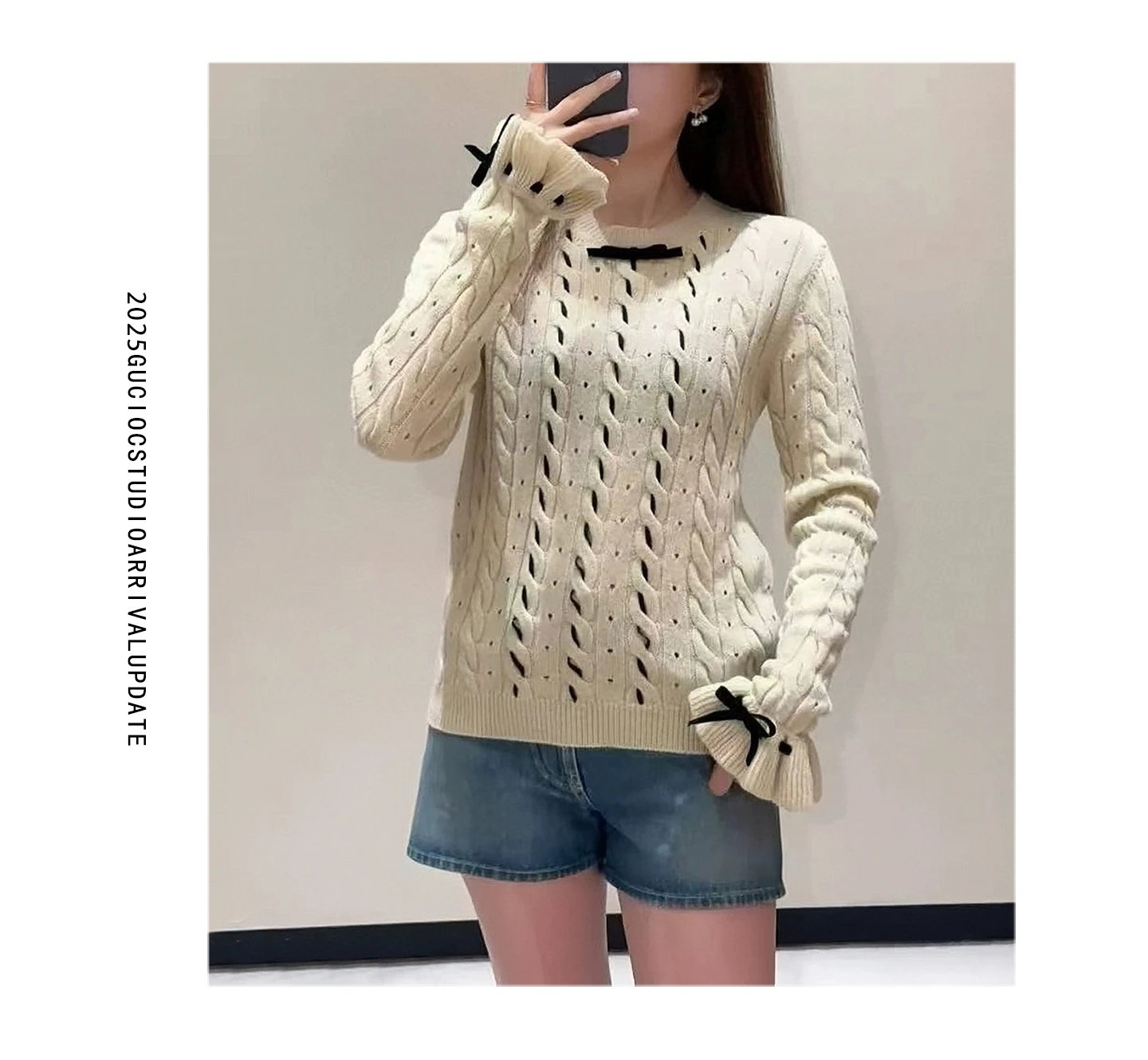 Off-White Cable Knit Sweater with Black Bow Detail White Sweater - 2
